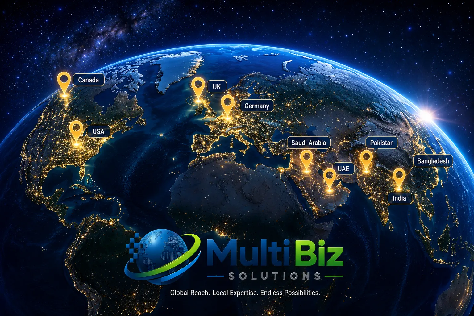 World map at night with location pins on the countries Multi Biz Solutions serves — USA, Canada, UK, Germany, Saudi Arabia, UAE, Pakistan, India, and Bangladesh